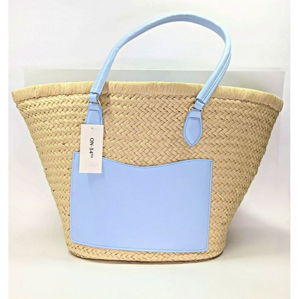On 34th Isabellaa Women's Straw Medium Drawstring Tote Blue Floral (MSRP $130) - Picture 5 of 5